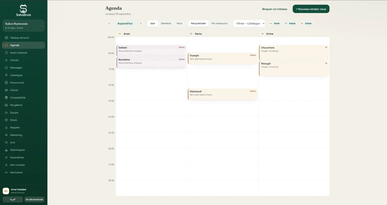 Agenda de l’Espace Pro sur ordinateur : une journée sur trois praticiennes, temps de pose compris.